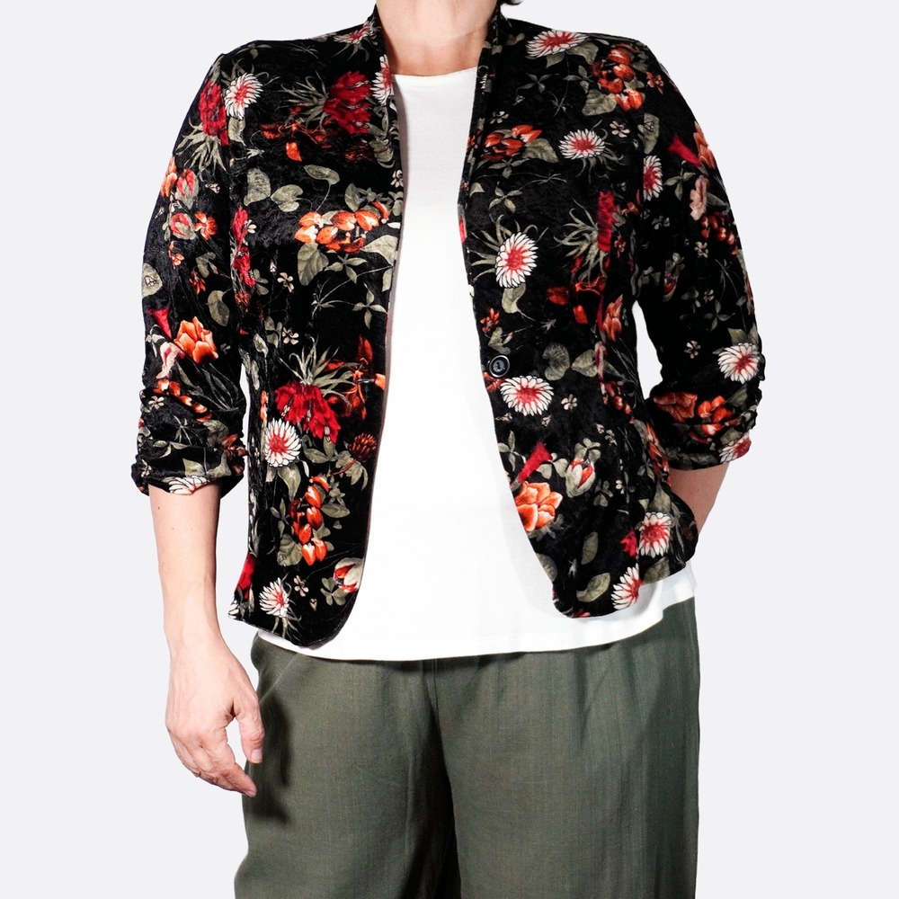 Slimming Cinched Velvet Blazer Plus 1X XL Open Front Floral Jacket Dark Romance